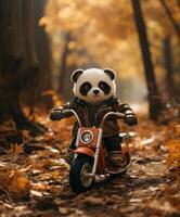 a cute panda on a minibike riding through a forest photo