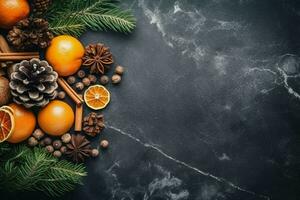Christmas tree with cones, Christmas decorations on a dark background.  copy space top view. generative ai. photo