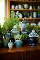 ceramic containers with succulents on the table, with generative Ai. photo