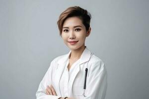 Portrait of a beautiful young girl doctor in a white coat. She looks friendly and smiles. White background. photo