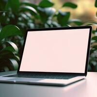 Laptop with a white blank screen laying on a table in the garden.generative ai. photo