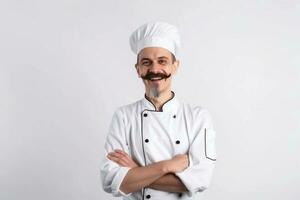 un hombre cocinero con un barba y Bigote en un blanco uniforme saluda clientes. blanco antecedentes. foto
