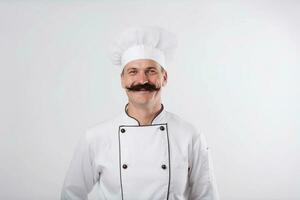 un hombre cocinero con un barba y Bigote en un blanco uniforme saluda clientes. blanco antecedentes. foto