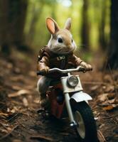 a cute bunny on a minibike riding through a forest photo