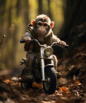 a chimpanzee on a minibike riding through a forest photo