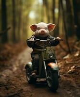 a cute pig on a minibike riding through a forest photo