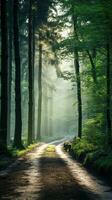 A forest with trees and a path in the morning with the sun shining on the street photo