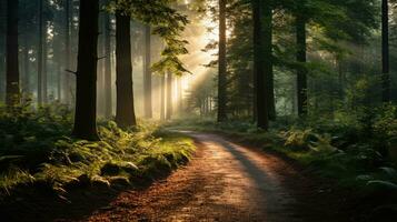 A forest with trees and a path in the morning with the sun shining on the street photo