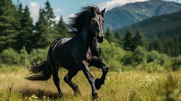 un negro caballo corriendo en el amplio césped foto