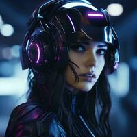 Cyberpunk woman portrait futuristic neon style photo