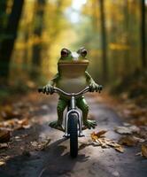 a cute frog on a minibike riding through a forest photo