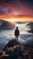 a woman on top of a mountain peak with view of clouds and sunrise photo