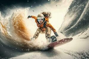 un joven niña en un tabla de snowboard se apresura a genial velocidad desde un Nevado montaña. extremo deporte. Vamos Pro amplio ángulo disparo. foto