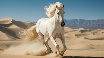 a white horse running over the desert photo