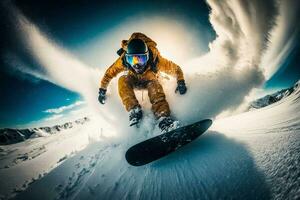 A young man on a snowboard rushes at great speed from a snowy mountain. Extreme sport. Go pro wide angle shot. photo