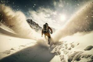 un joven hombre en un tabla de snowboard se apresura a genial velocidad desde un Nevado montaña. extremo deporte. Vamos Pro amplio ángulo disparo. foto