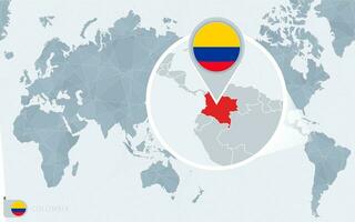 Pacífico centrado mundo mapa con magnificado Colombia. bandera y mapa de Colombia. vector