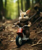 a cute bunny on a minibike riding through a forest photo