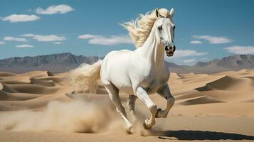 a white horse running over the desert photo