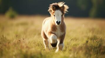 un mini poni caballo corriendo en el amplio césped foto