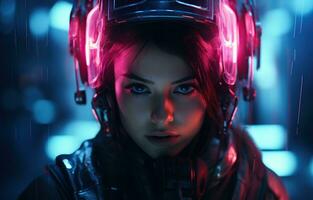 Cyberpunk woman portrait futuristic neon style photo