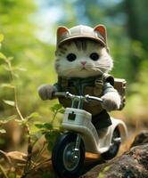a toy cute cat on a minibike riding through a forest photo