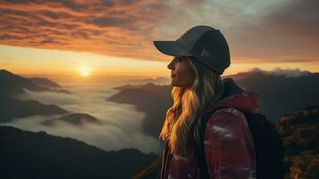 a woman on top of a mountain peak with view of clouds and sunrise photo