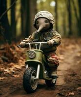 a cute baby elephant on a minibike riding through a forest photo