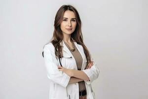 Portrait of a beautiful young girl doctor in a white coat. She looks friendly and smiles. White background. photo