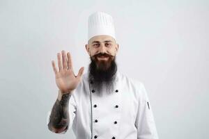 un hombre cocinero con un barba y Bigote en un blanco uniforme saluda clientes. blanco antecedentes. foto