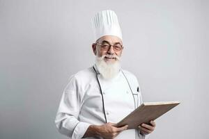 un hombre cocinero con un barba y Bigote en un blanco uniforme saluda clientes. blanco antecedentes. foto