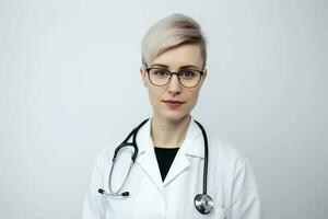 retrato de un hermosa joven niña médico en un blanco abrigo. ella mira simpático y sonrisas blanco antecedentes. foto