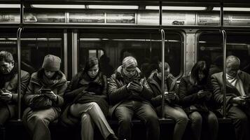 Tired people sit in the subway car and look at their phones photo