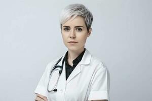 retrato de un hermosa joven niña médico en un blanco abrigo. ella mira simpático y sonrisas blanco antecedentes. foto