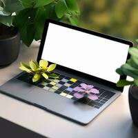 Laptop with a white blank screen laying on a table in the garden.generative ai. photo