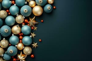 Christmas tree toys background. Blue, gold, white, red balls and stars on white background top view. generative ai photo