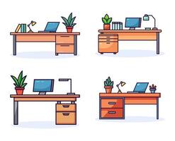 Collections of Office Table Vibrant Flat Pictures. Perfect for different cards, textile, web sites, apps vector