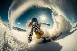 un joven niña en un tabla de snowboard se apresura a genial velocidad desde un Nevado montaña. extremo deporte. Vamos Pro amplio ángulo disparo. foto