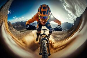 A young man on a sports bike rushes off-road at great speed. Extreme sport. Go pro wide angle shot photo