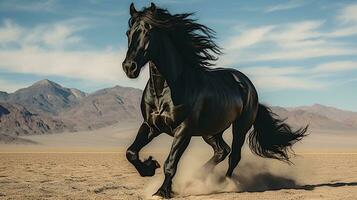 a black horse running over the desert photo