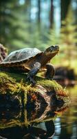 Wildlife turtle on top of a log with forest background photo
