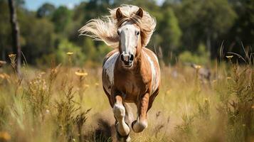 a horse running on the wide grass photo