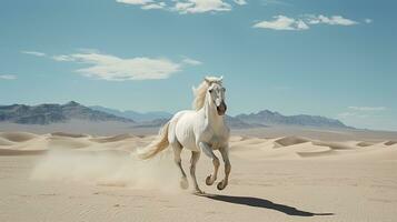 a white horse running over the desert photo