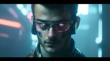 Cyberpunk Man portrait futuristic neon style wear a robotic headset photo