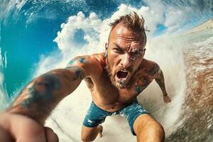 Man surfer in the water in motion, he is overwhelmed with emotions. Extreme sport. Go pro wide angle shot photo