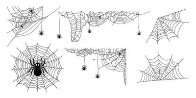 Spider and web. Set of different web designs. Mesh abstract texture of spider insect traps. Halloween design element. Isolated graphic template. Vector set.
