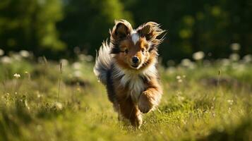 a Mini Pony Horse running on the wide grass photo