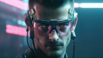 Cyberpunk Man portrait futuristic neon style wear a robotic headset photo