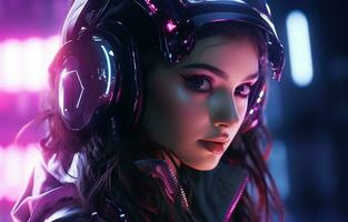 Cyberpunk woman portrait futuristic neon style photo