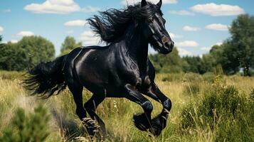 un negro caballo corriendo en el amplio césped foto